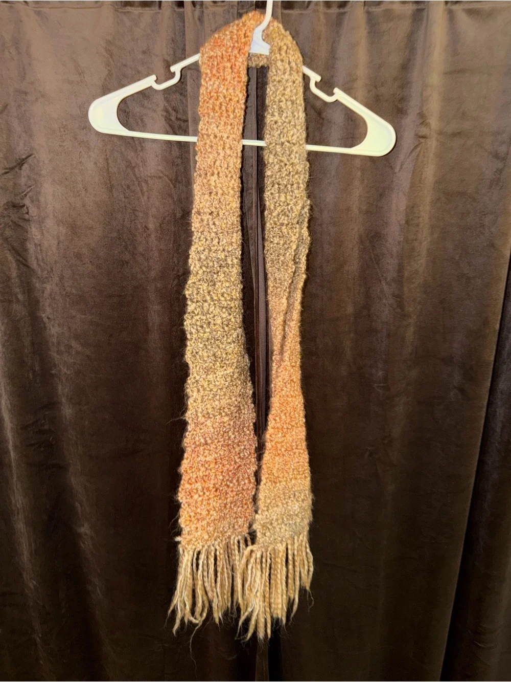 Gradient Peach-Beige Handknit Scarf with Fringe